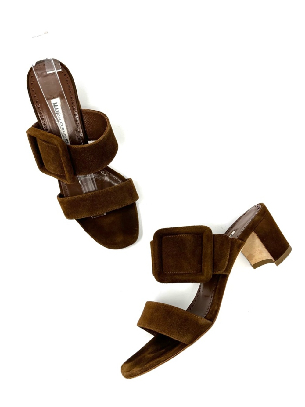 Manolo Blahnik Tituba Brown Suede Buckle Sandals Slides Heels Strappy 37 7